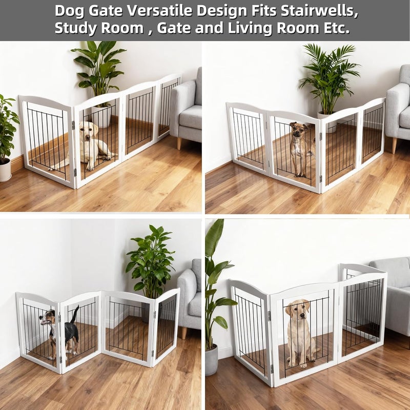 ZJSF Freestanding Foldable Dog Gate for House Extra Wide Wooden White Indoor Puppy Gate Stairs Dog Gates Doorways Tall Pet Gate 4 Panels Fence - Image 3